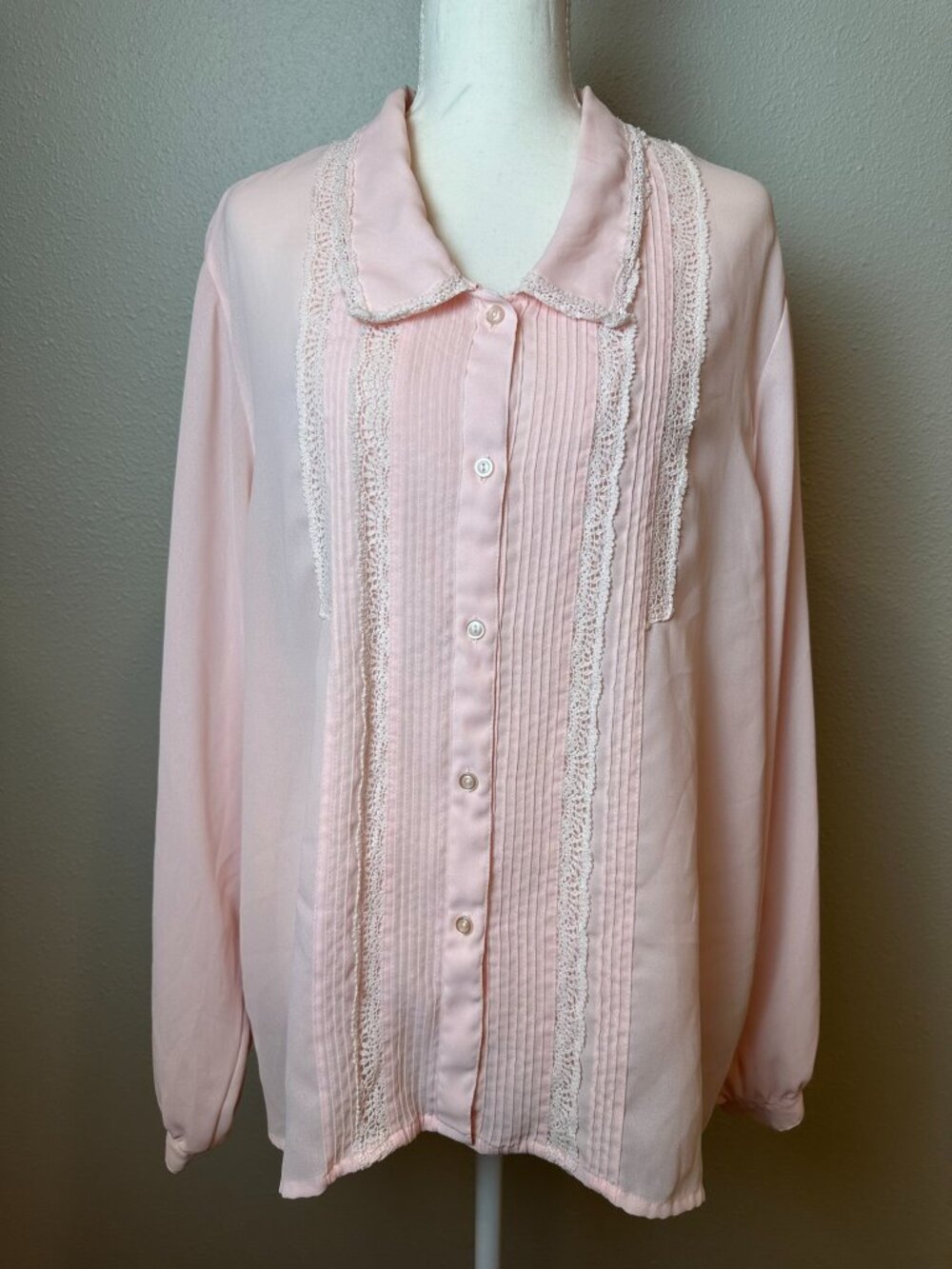 VTG 70s Prairie Pink Lace Blouse 16W / 1X Romantic Cottagecore Coquette